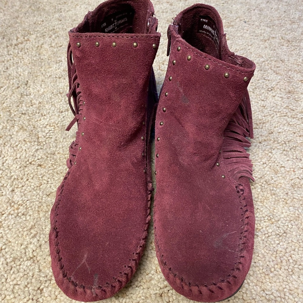 Burgundy Fringe Ankle Booties with Rivets NWOT